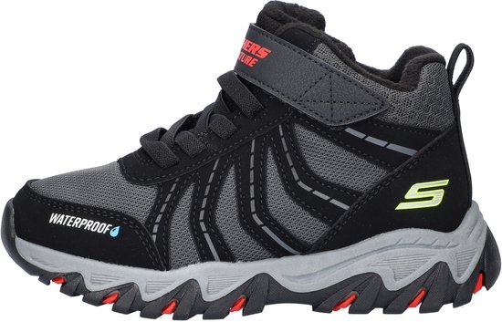 Zwarte halfhoge wandelschoen met grijze golvende lijnen, gele S-logo en WATERPROOF tekst.