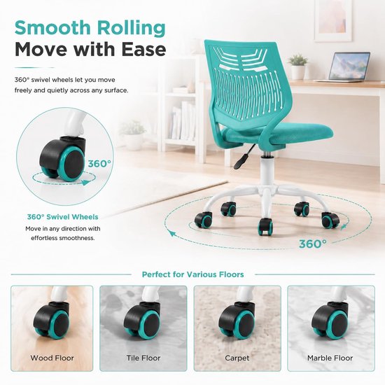 SnelShoppen - Gaming stoel voor kinderen, ergonomisch bureaustoel met zithoogteverstelling, mouwloos design, rubberen wielen, turquoise F voor gamers van snelshoppen — afbeelding 4