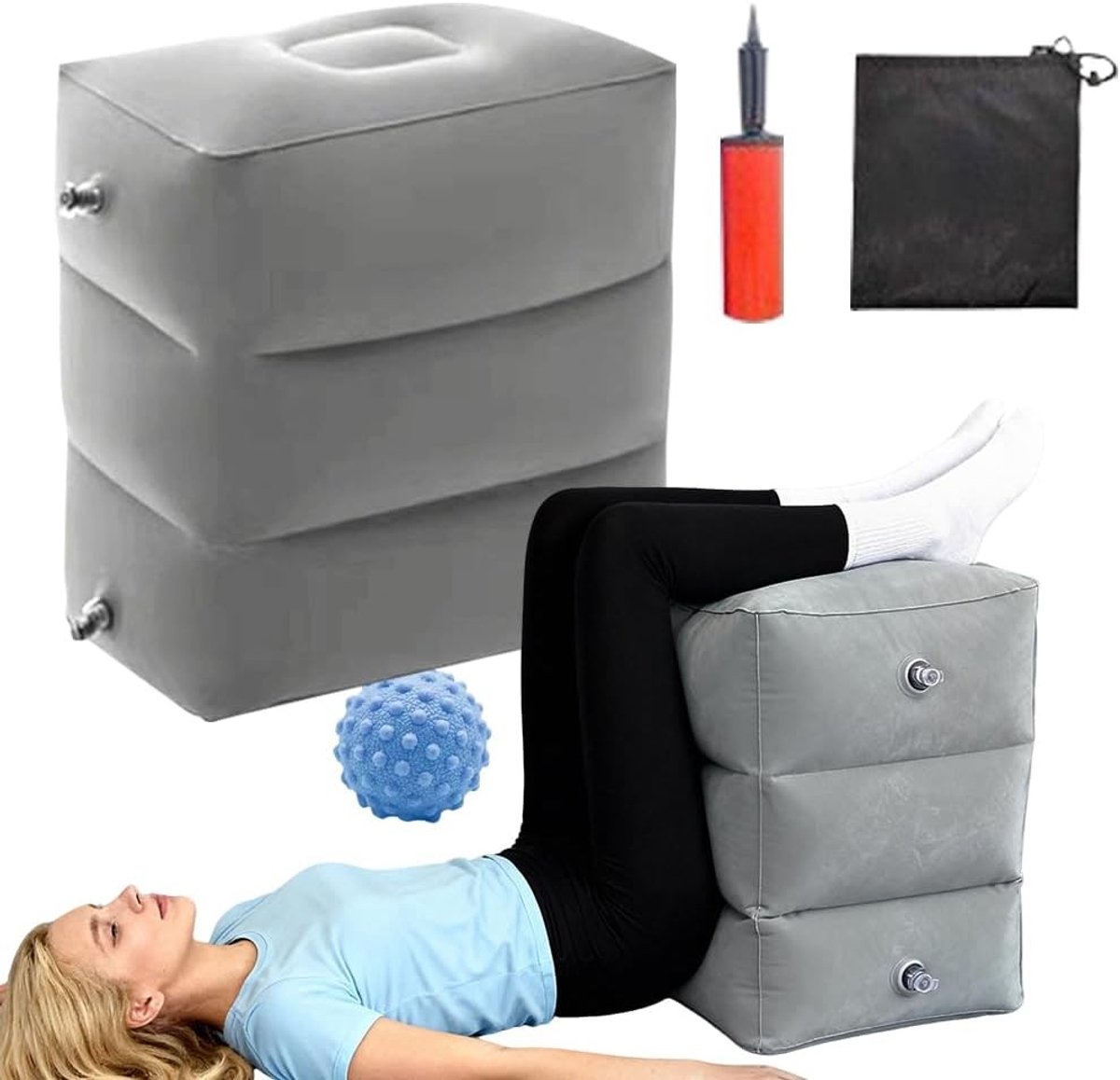 Ontspanning Cube voor Rug en Benen, Opblaasbare Kussen voor Beenverhoging, Comfortabel Schuimkussen met Luchtpomp en Silicone Fasciabal (Lichtgrijs)