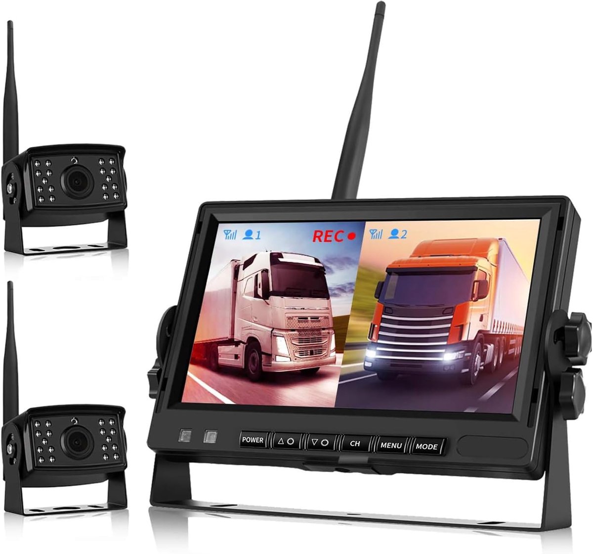 SnelShoppen - Draadloze Achteruitkijkcamera Set met 7 Inch Monitor, Dual Camera Video Opname, Nachtzicht voor Bus/Motorhome, 12V-24V, AHD Signaal