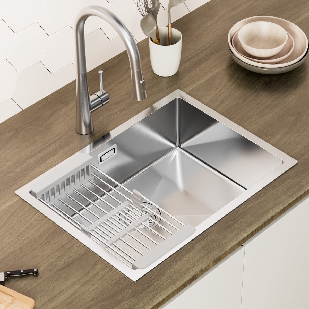 CECIPA Max Spoelbak 60x44cm - Spoelbak Keuken RVS - Inbouwspoelbak - Spoelbakken Keuken - Spoelbak Met Verstelbaar Mandje - Met Afdruiprek