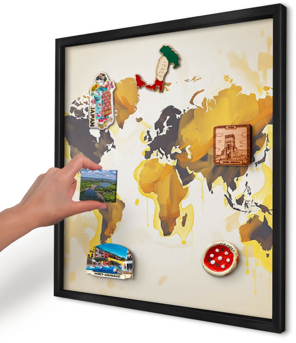Artprintcave Geel Magneetbord mit Zwart Frame - 50x50 cm - Wereldkaart Magneet Bord mit Frame - Abstract Magnetisch Bord - Kaarten