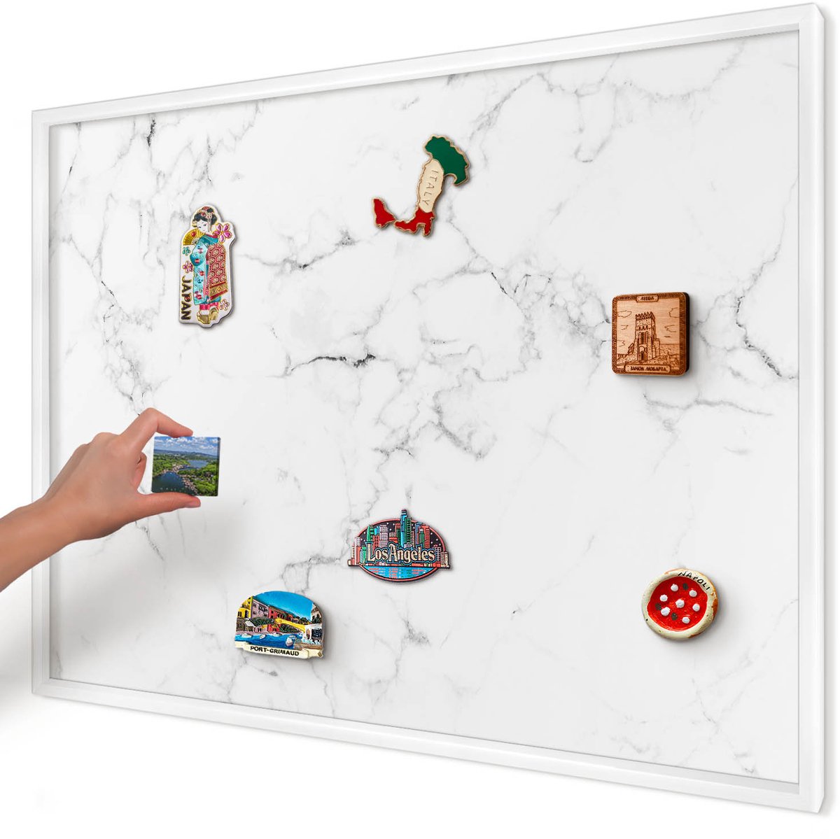 Artprintcave Wit Magneetbord mit Witte Lijst - 100x70 cm - Marmerpatroon Magneetbord Voor Foto's - Minimalist Memobord Keuken - Texturen