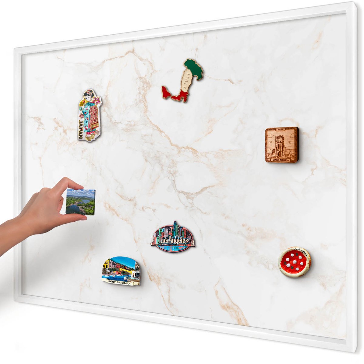 Artprintcave Wit Magneetbord mit Witte Lijst - 100x70 cm - Marmeren Elegantie Memobord Keuken - Modern Magnetische Organizer - Texturen