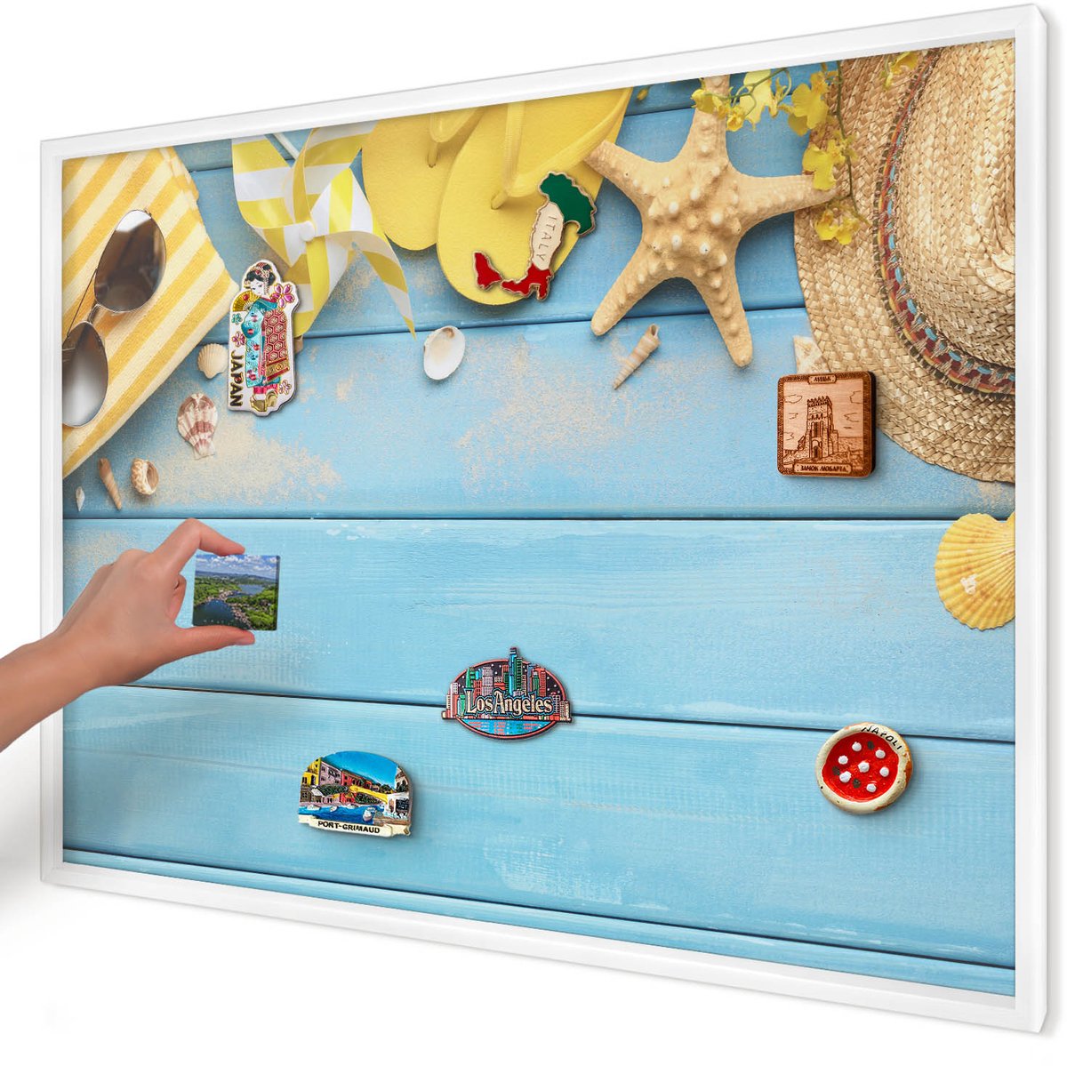 Artprintcave Blauw Magneetbord mit Witte Lijst - 100x70 cm - Strandsfeer Wandbord Magnetisch - Boho Magneetbord Voor Keuken - Reis