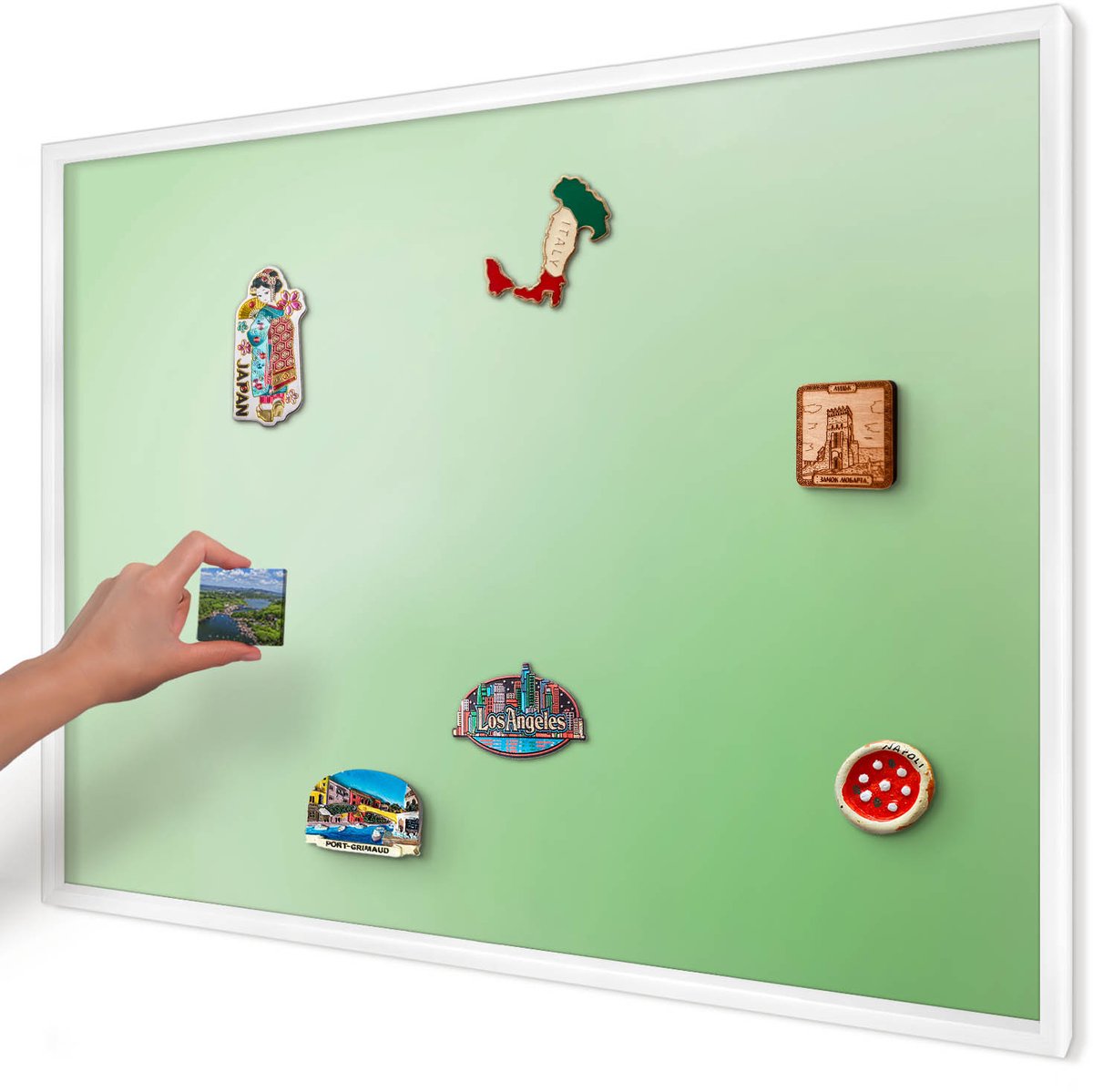 Artprintcave Groente Magneetbord mit Witte Lijst - 100x70 cm - Groene Harmonie Memobord Keuken - Minimalist Notitiebord - Achtergronden En Patronen