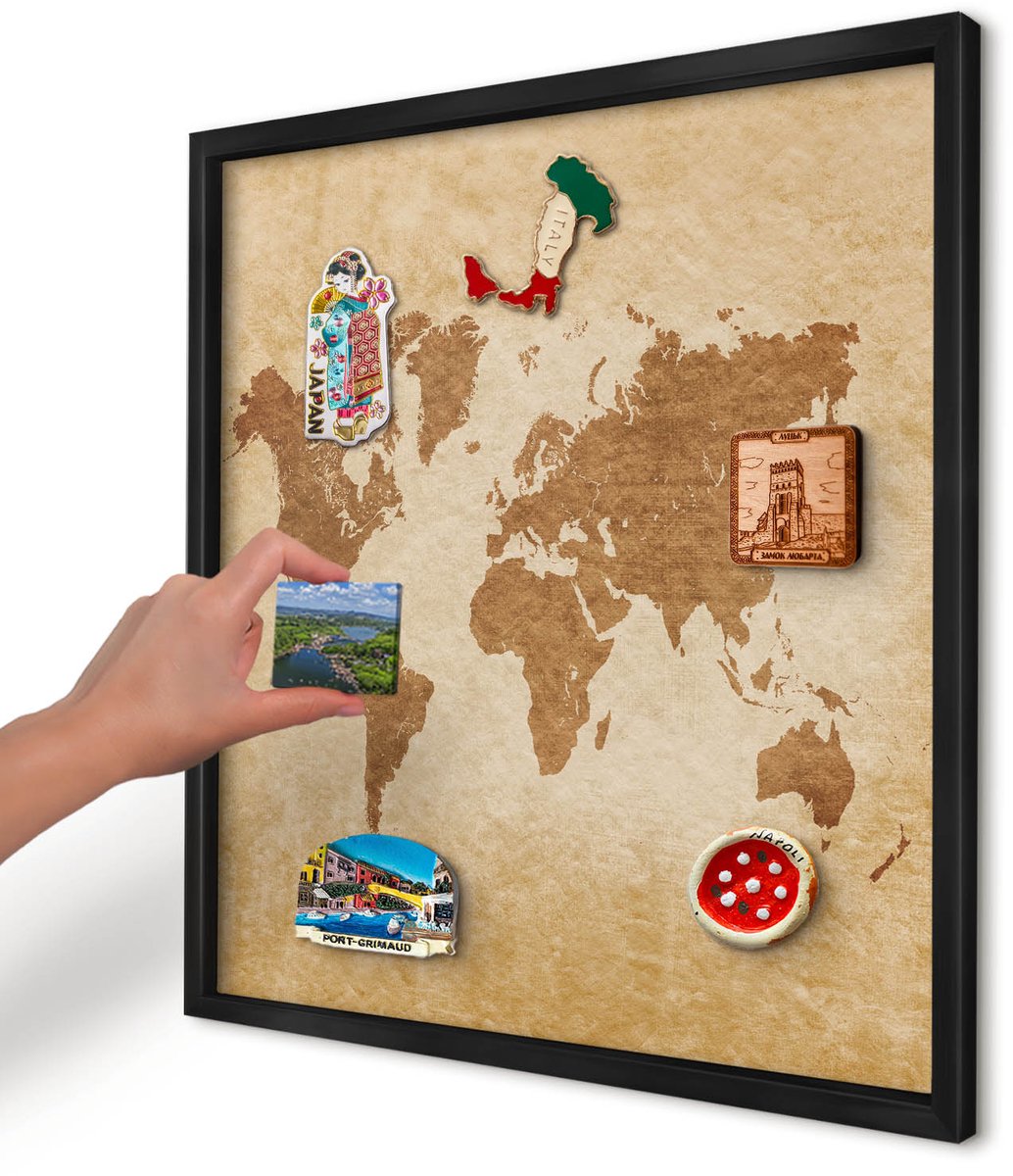 Artprintcave Beige Magneetbord mit Zwart Frame - 50x50 cm - Vintage Kaart Memobord Keuken - Vintage Magneet Bord mit Frame - Kaarten