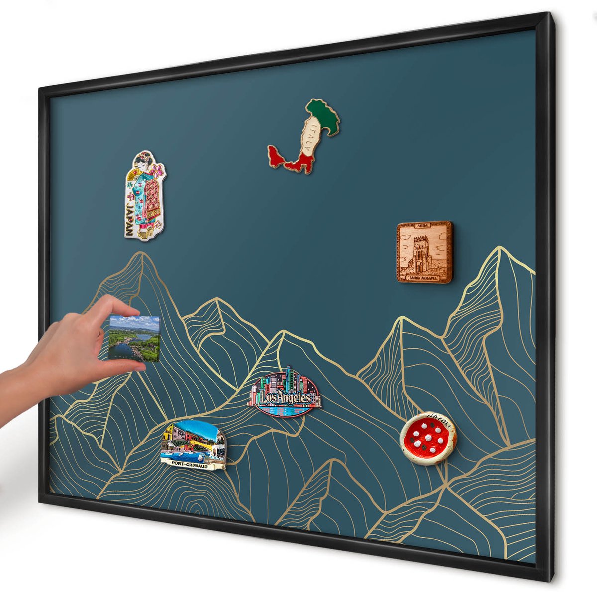 Artprintcave Blauw Magneetbord mit Zwart Frame - 80x60 cm - Bergminimalisme Magneetbord Voor Keuken - Minimalist Magneetbord Voor Foto's - Landschappen