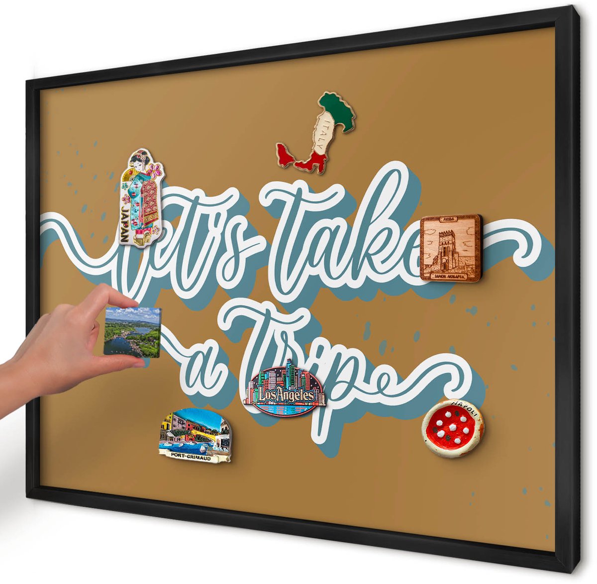 Artprintcave Bruin Magneetbord mit Zwart Frame - 70x50 cm - Droomreis Memobord Keuken - Typografisch Magneetbord Voor Keuken - Teksten