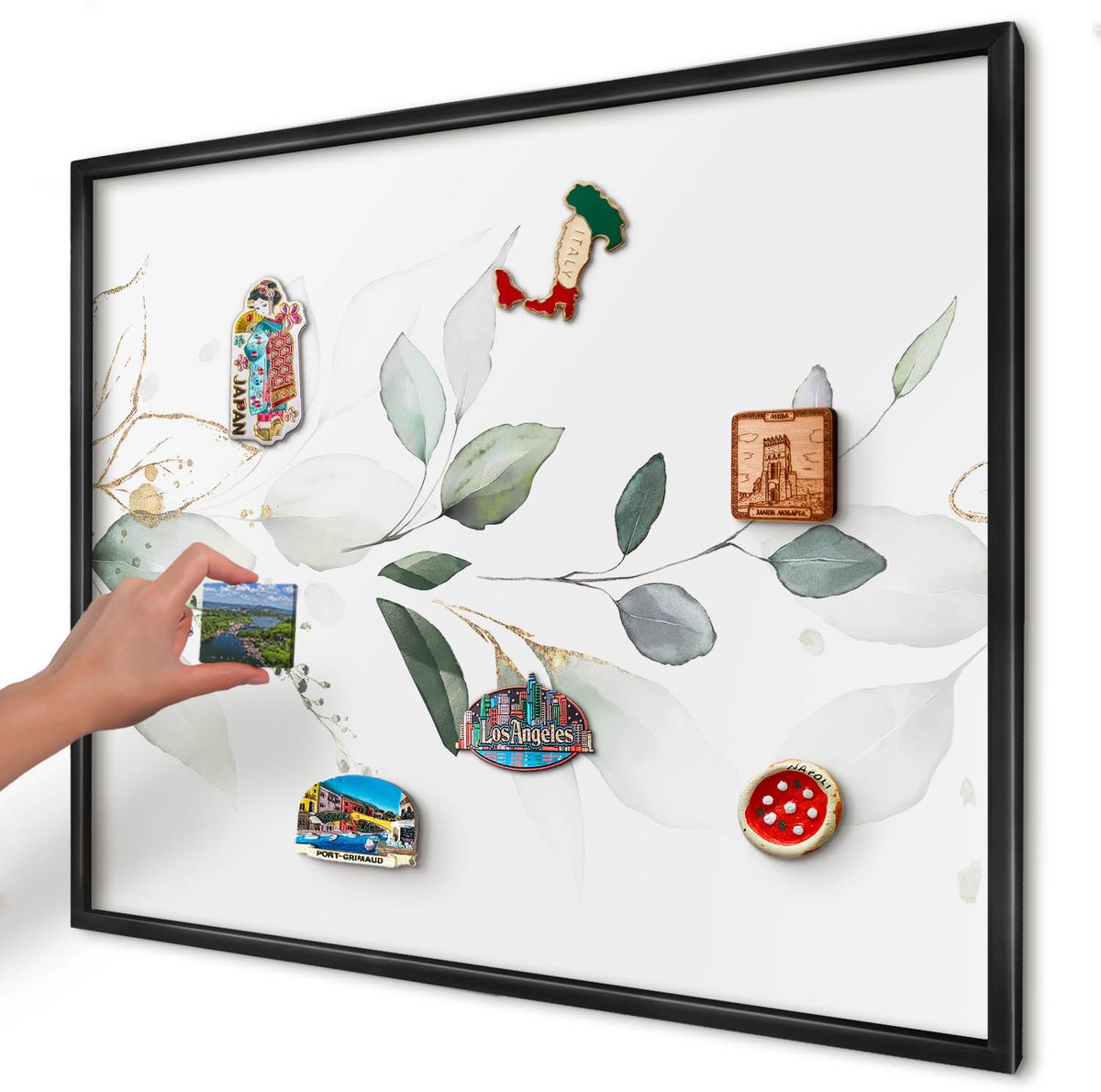 Artprintcave Groente Magneetbord mit Zwart Frame - 80x60 cm - Botanische Elegantie Magneetbord Voor Foto's - Waterverf Memobord Keuken - Bloemen En Planten