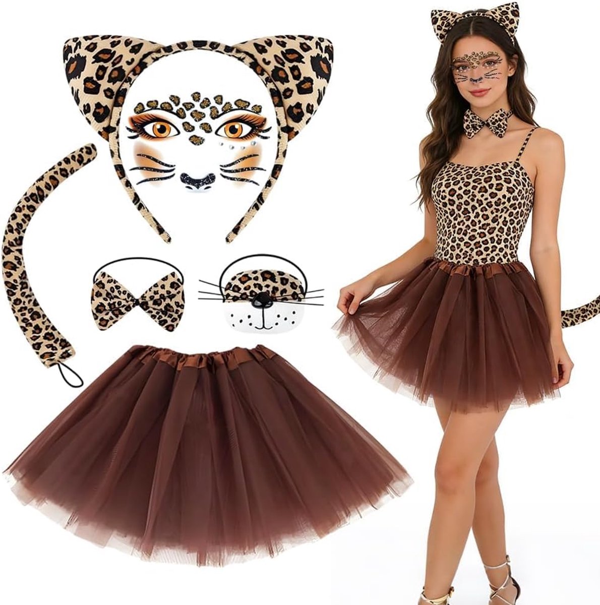 7-delig, zebrakostuum voor dames, kinderen, dierenkostuum, handschoenen, sokken, rok, hoofdband, staart, tijdelijke gezichtstattoo voor dierenkostuum, cosplay