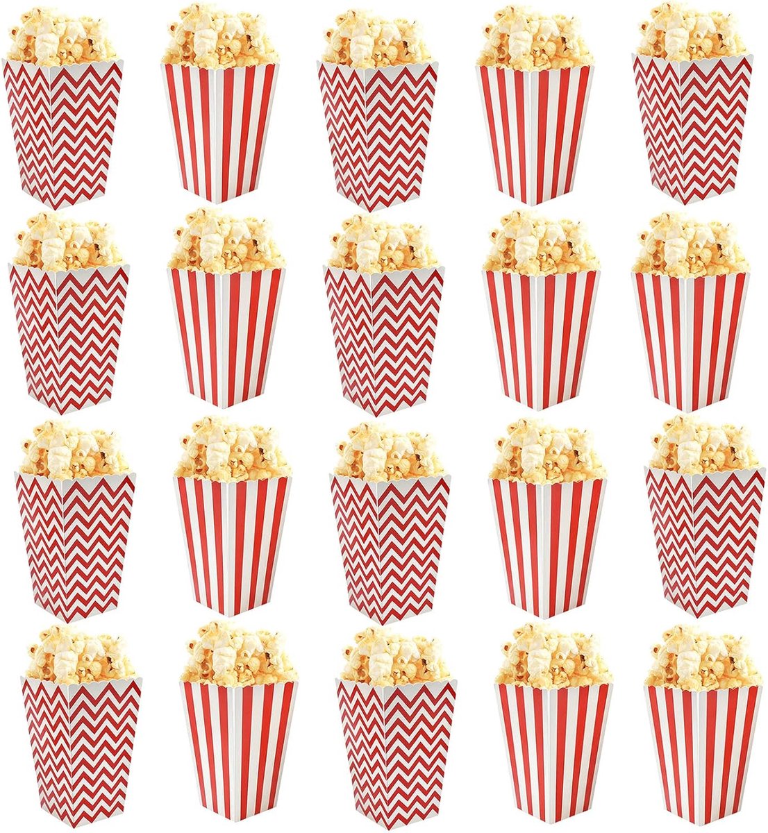SnelShoppen - 20 Stuks Rode en Witte Popcorn Dozen - Papieren Popcorn Bakken voor Feesten, Verjaardagen, Filmavonden - Strepen en Golven, 7 x 5 x 11.5