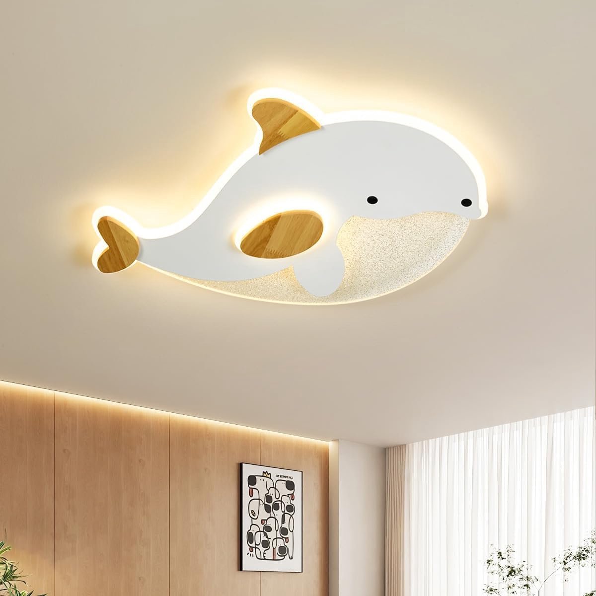 plafondlamp voor kinderkamer, dolfijnvormige plafondlamp in wit en