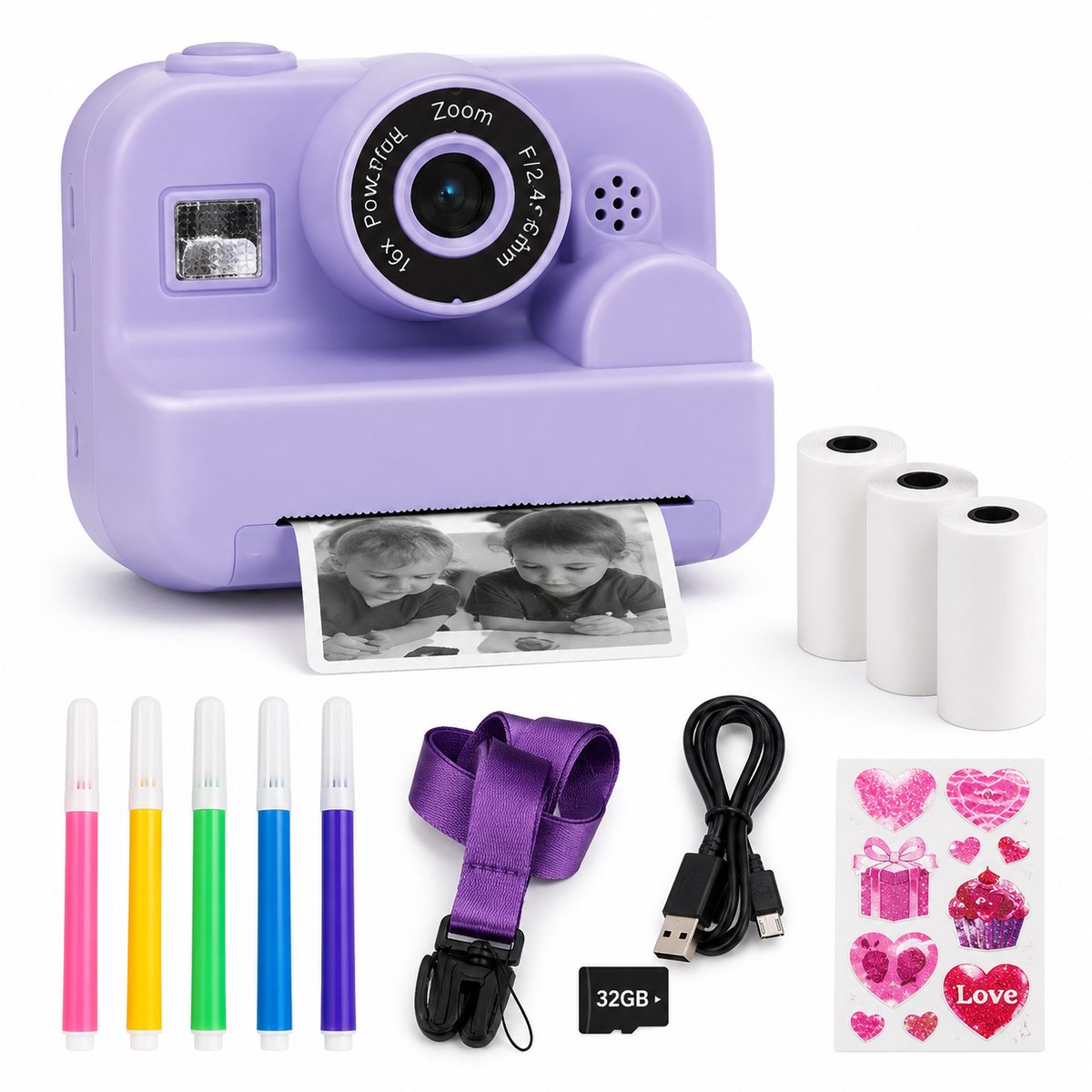 Kids Print Camera - Instant Printer - Fotoprinter camera - Multifunctionele digitale kindercamera - 1080P - 16x digitale zoom - Selfiemodus - 32 GB - Voor Kinderen 3-12 Jaar & Cadeau-Paars