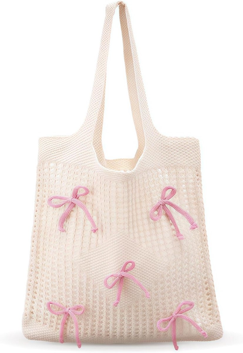 1 stuks gehaakte tas met roze strik, grote strandtas voor dames