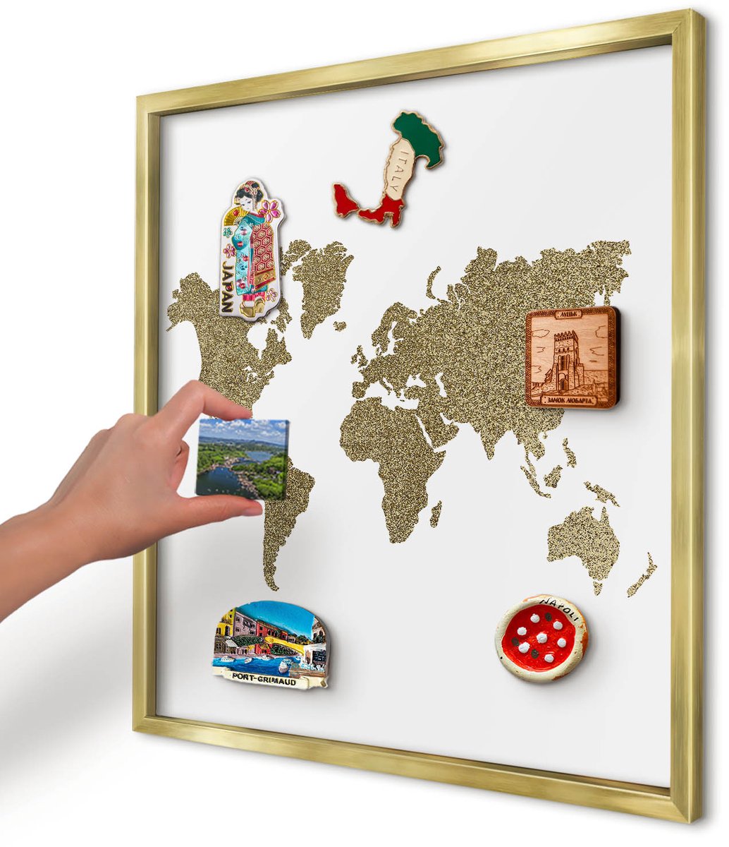 Artprintcave Wit Magneetbord mit Gouden Frame - 50x50 cm - Wereldkaart Notitiebord - Modern Memobord Keuken - Kaarten