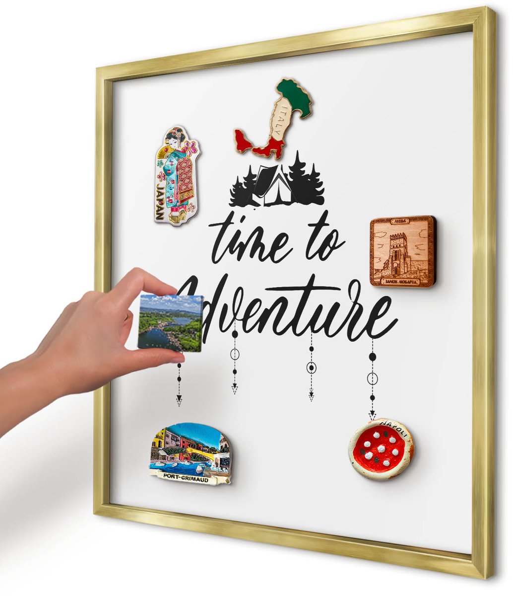 Artprintcave Wit Magneetbord mit Gouden Frame - 50x50 cm - Avontuur Wacht. Wandbord Magnetisch - Minimalist Bord Voor Magneten - Teksten