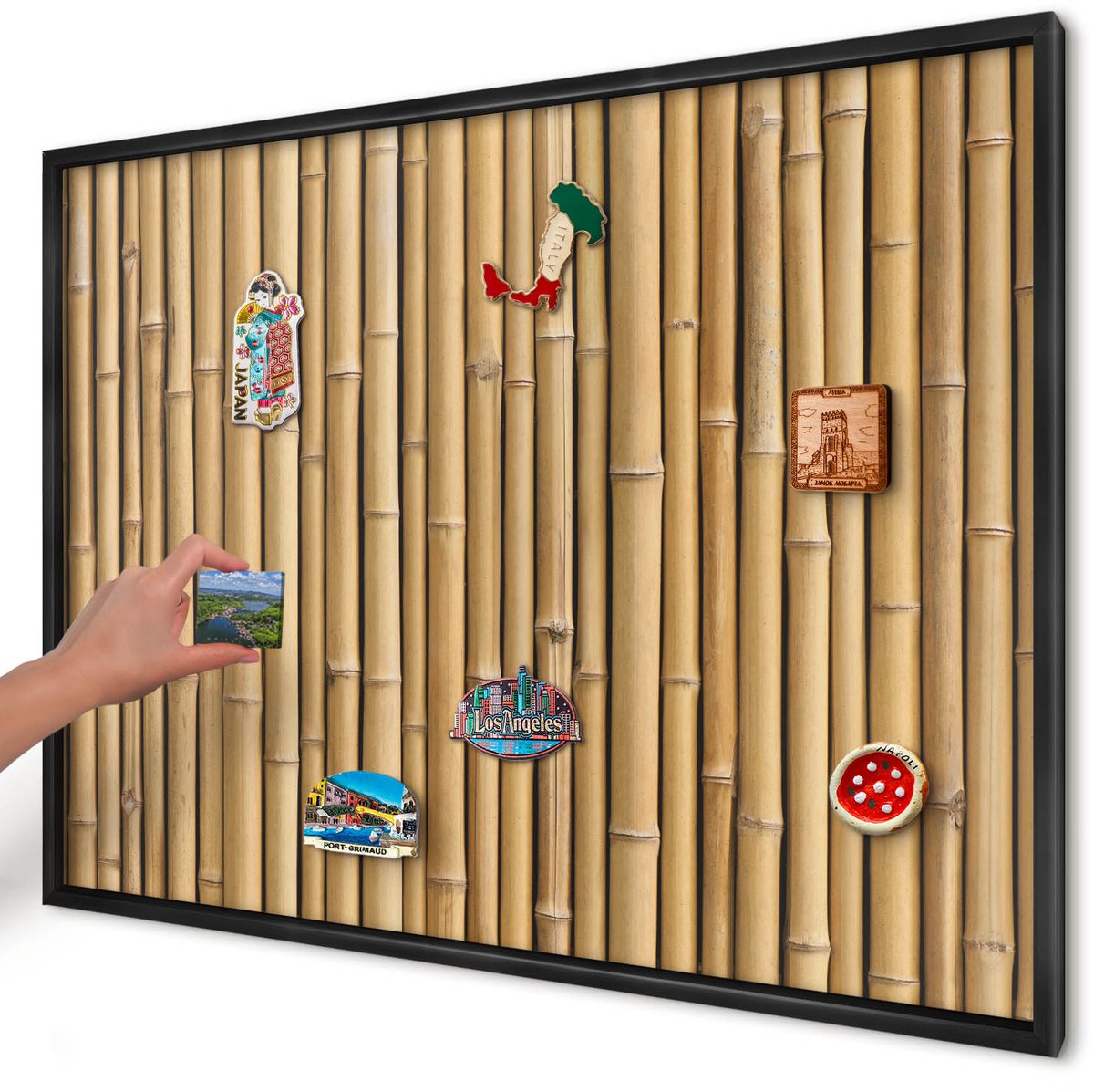 Artprintcave Beige Magneetbord mit Zwart Frame - 100x70 cm - Bamboe Patroon Memobord Keuken - Minimalist Wandbord Magnetisch - Texturen