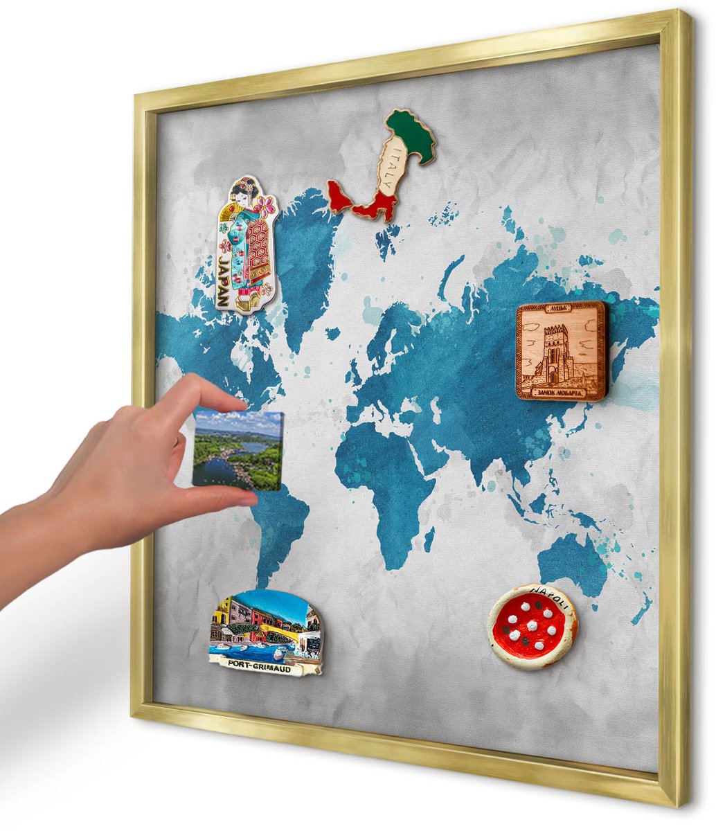 Artprintcave Blauw Magneetbord mit Gouden Frame - 50x50 cm - Aquarelkaart Wandbord Magnetisch - Waterverf Magneet Bord mit Frame - Kaarten