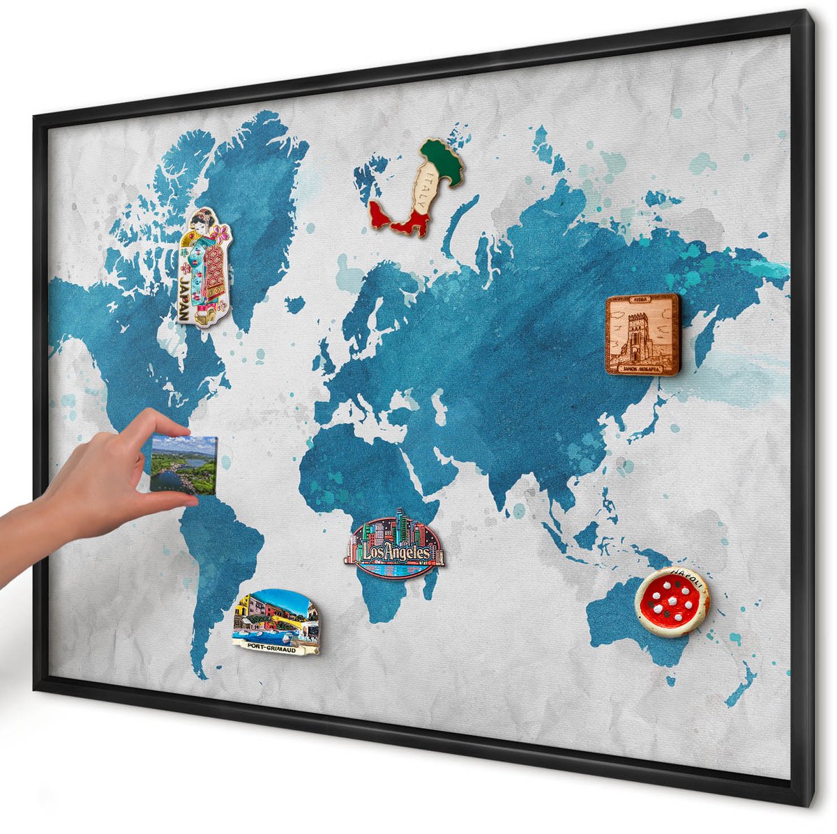 Artprintcave Blauw Magneetbord mit Zwart Frame - 100x70 cm - Aquarelkaart Magneetbord Voor Foto's - Waterverf Magneet Bord mit Frame - Kaarten