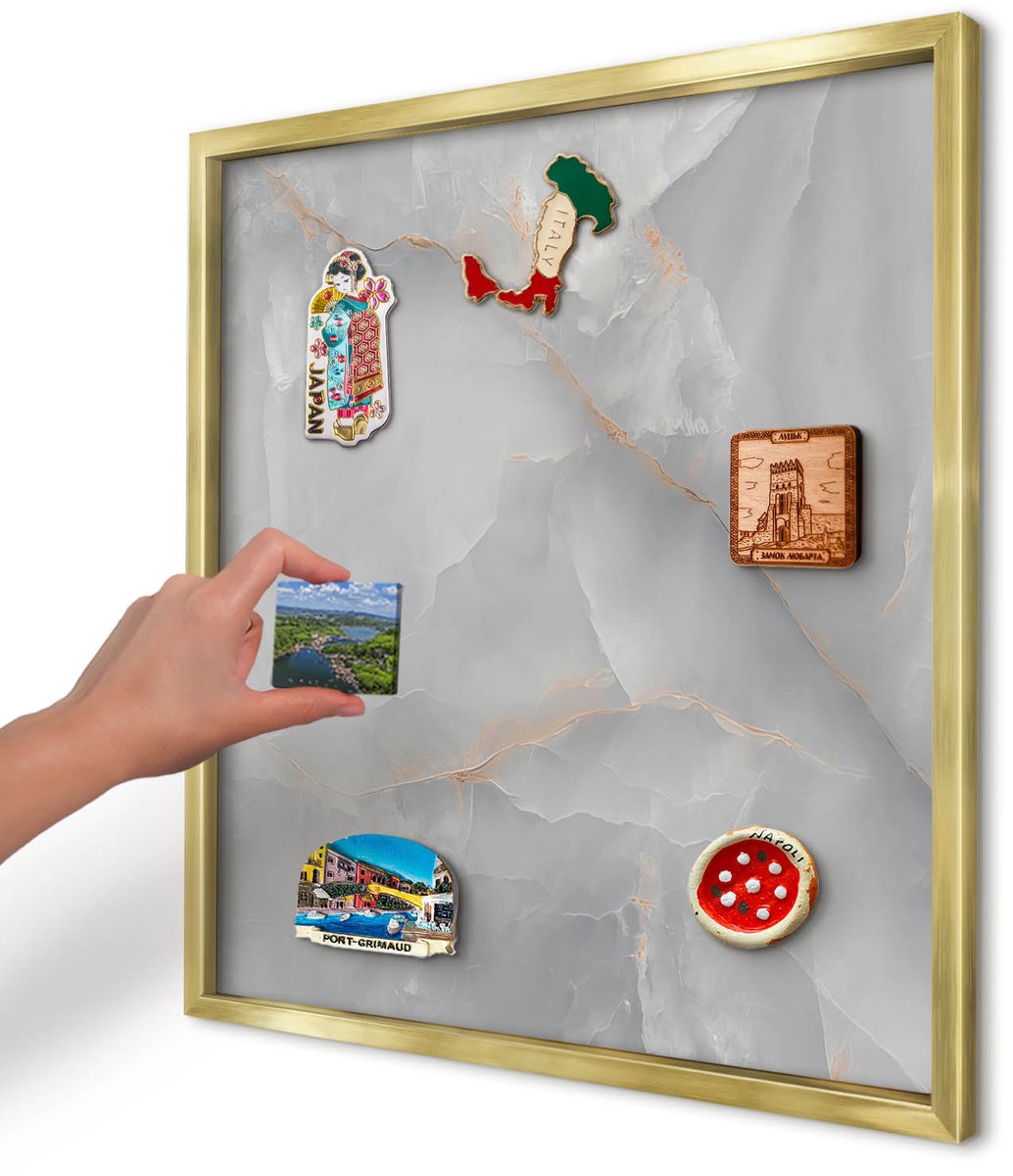 Artprintcave Grijs Magneetbord mit Gouden Frame - 50x50 cm - Grijze Aderen Magneetbord Voor Foto's - Minimalist Memobord Keuken - Texturen