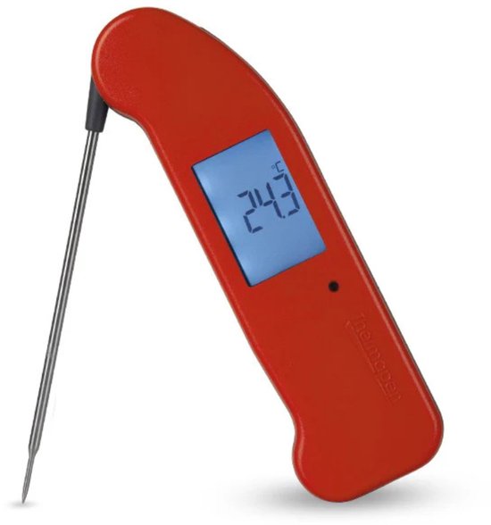 Rode digitale thermometer met uitklapbare RVS pen. Het scherm toont 24.3°C.