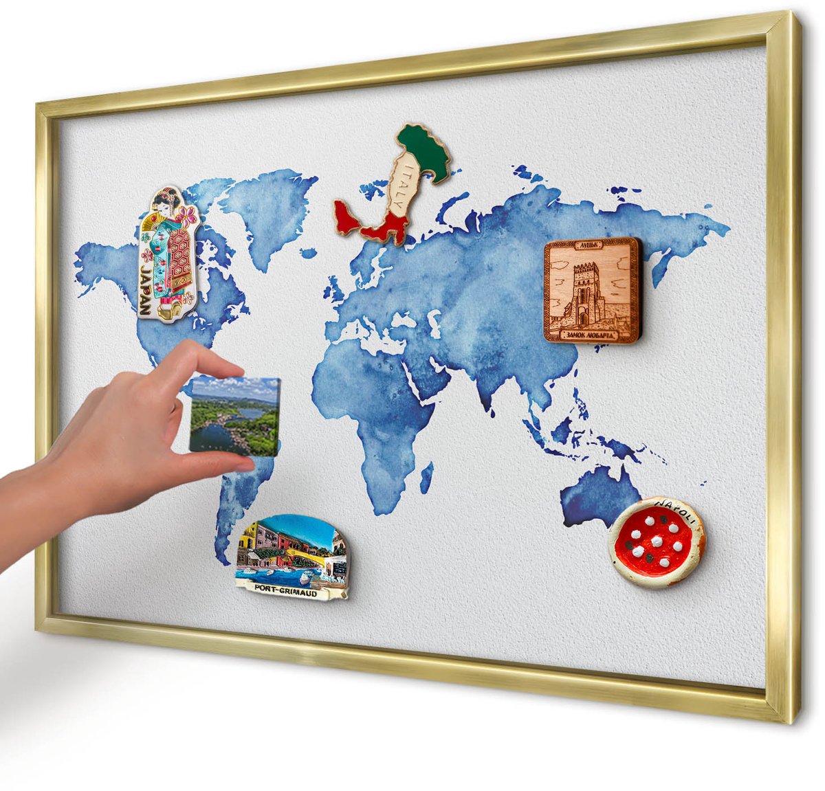 Artprintcave Blauw Magneetbord mit Gouden Frame - 60x40 cm - Aquarelkaart Notitiebord - Waterverf Magnetisch Bord - Kaarten