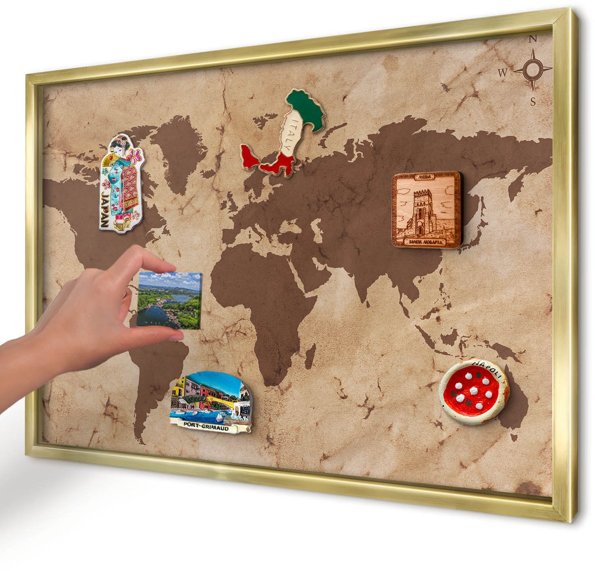 Artprintcave Bruin Magneetbord mit Gouden Frame - 60x40 cm - Wereldkaart Magneetbord Voor Foto's - Vintage Magneetbord Voor Keuken - Kaarten
