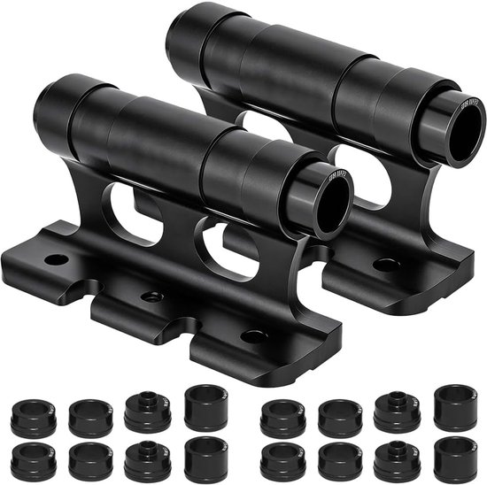 Twee zwarte aluminium fietsvorkhouders, elk met een platte basis en montagediameters. Inclusief adapters.