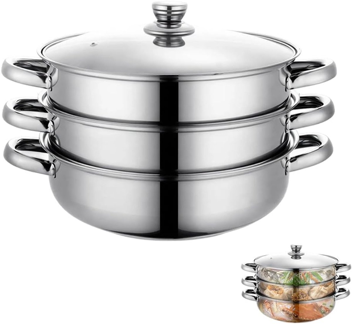 SnelShoppen - RVS Stoompan met Glazen Deksel, 11 inch Stoominzet, 3/4 L Kookpan voor Groenten, Dumplings, Geschikt voor Alle Hittebronnen
