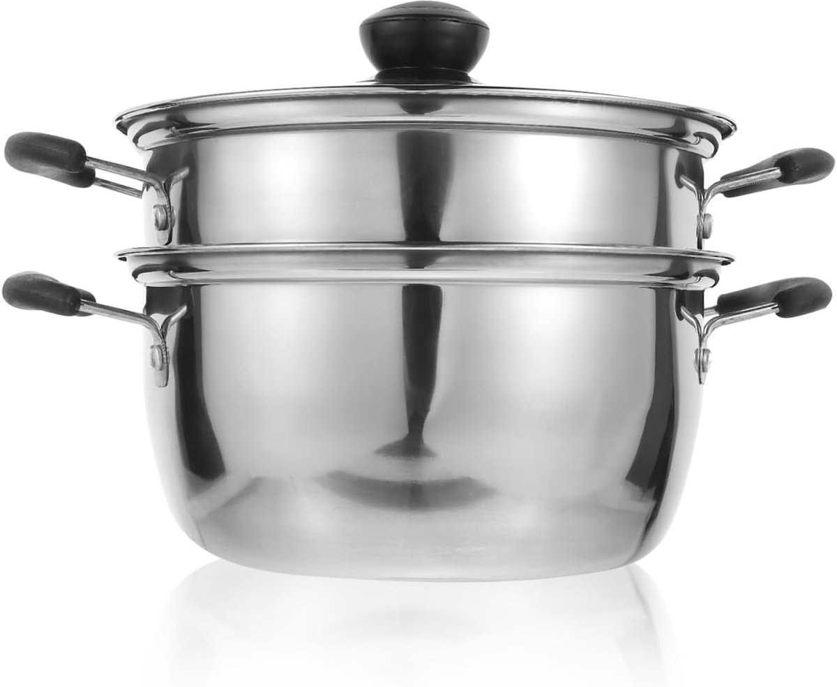 SnelShoppen - Stoomkoker, Stapelbaar, RVS Soeppan met Glazen Deksel, 2 Containers, 18 cm, Geschikt voor Inductie en Gas, Aardappelstomer, Keuken Geree