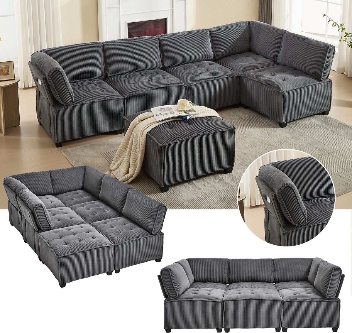 Modulaire Hoekbank - 6 Zitplaatsen Corduroy Bank U-Vorm L-Vorm Slaapbank Grijs