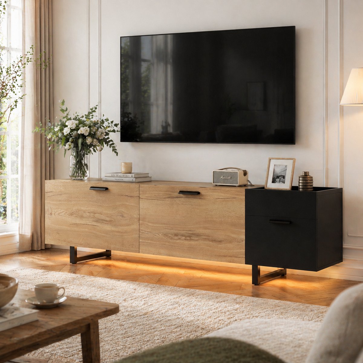 TV Meubel Zwart Houtlook - Modern Tv Kast Met Laden, Open Vakken En Opbergruimte