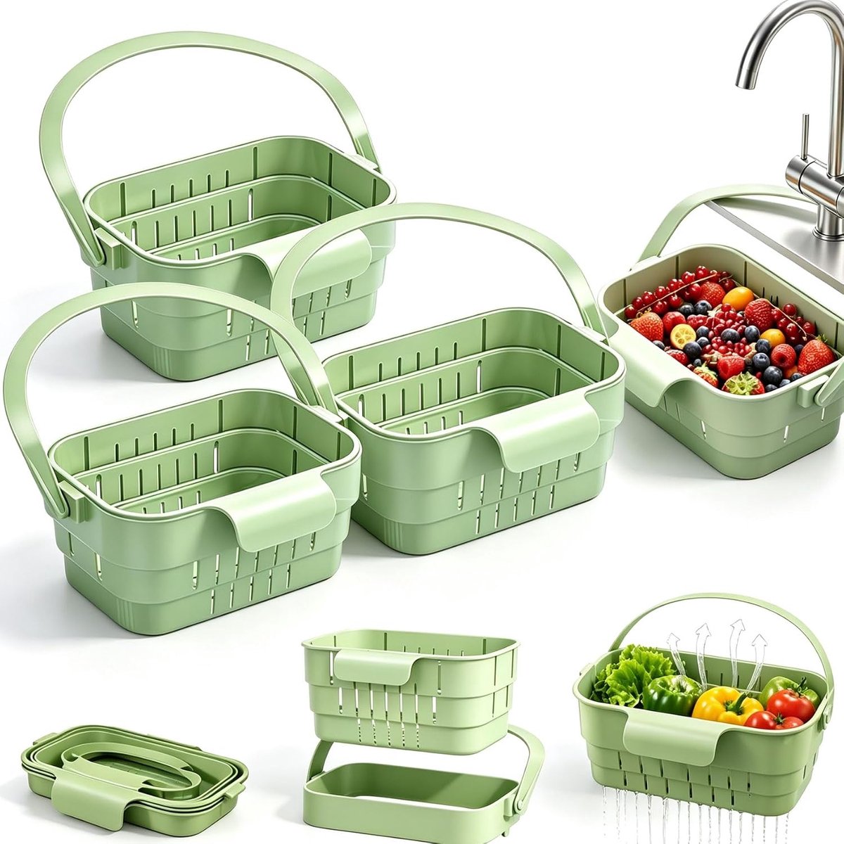 Bobypet - Gootsteen organizer - Afdruipmandje - Gootsteen zeef - Vergiet - Set van 3 - Opvouwbaar - Uittrekbaar - Zonder boren - Voor keuken en aanrecht - 15*11*16cm - Groen