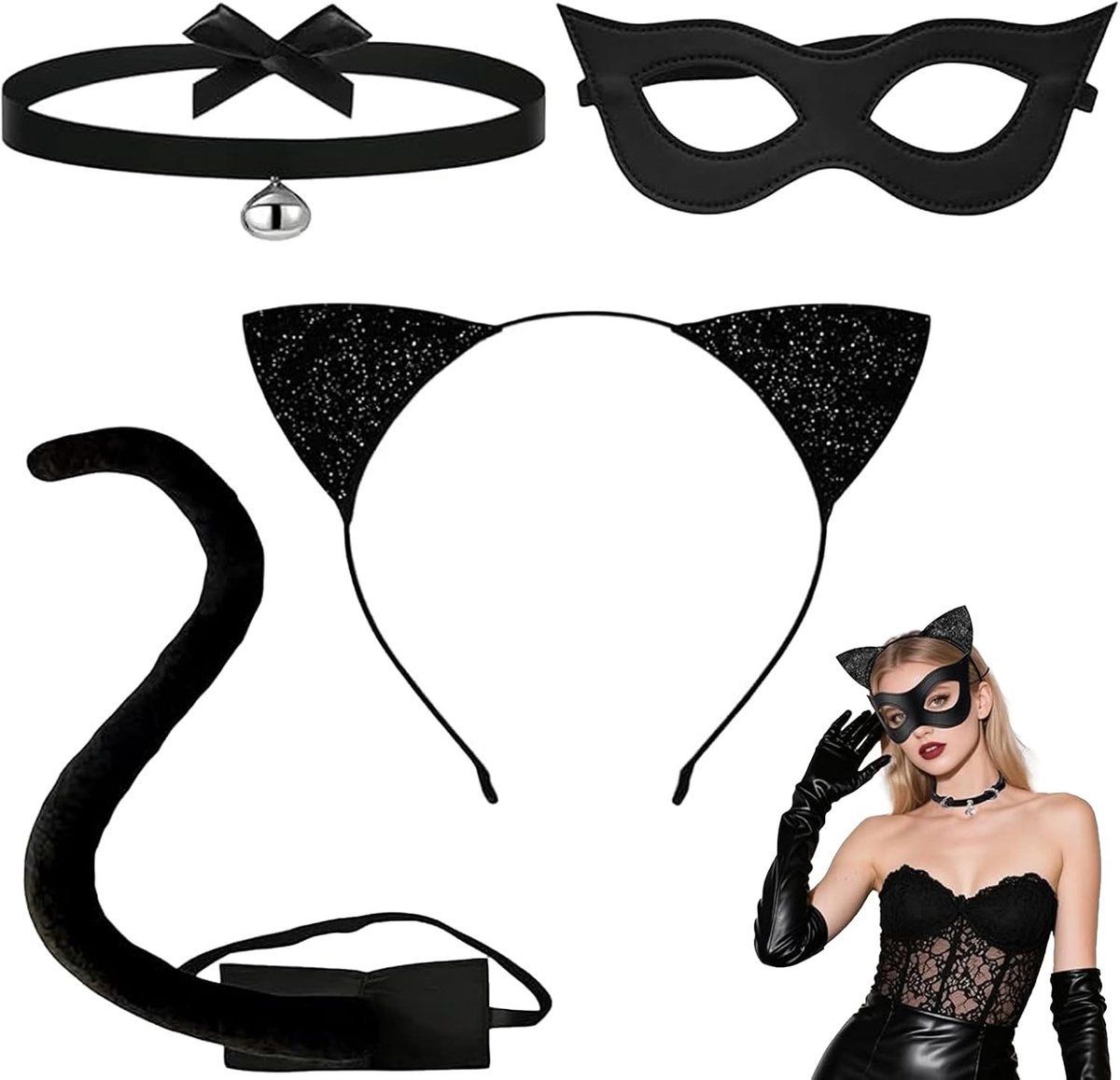 Dames kattenkostuum voor Halloween, cosplay en carnaval met haarband, halsketting, staart en maskers