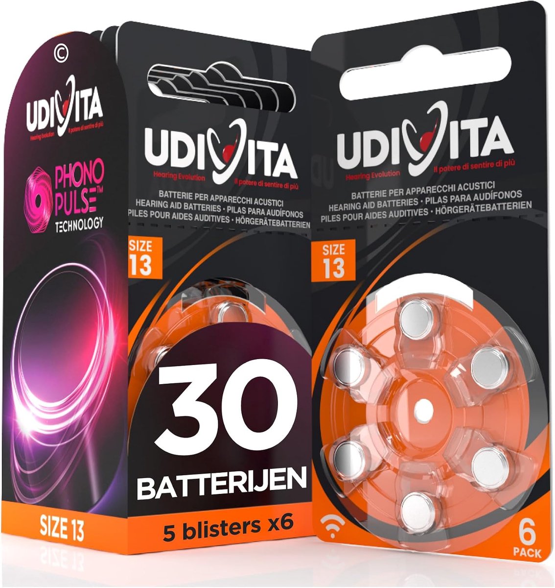 SnelShoppen - 30 Batterijen voor Hoortoestellen Udivita maat 13 - 5 Blisters van 6 Stuks - Zink Lucht Batterij - 1.45V - 310 mAh - Kwikvrij - Voor Dag
