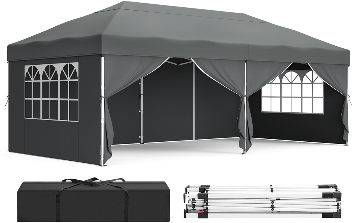 Opklapbaar paviljoen van 3 x 6 meter voor tuin en feesten - Met 6 zijpanelen - 118 x 36 x 24,5 cm - Donkergrijs