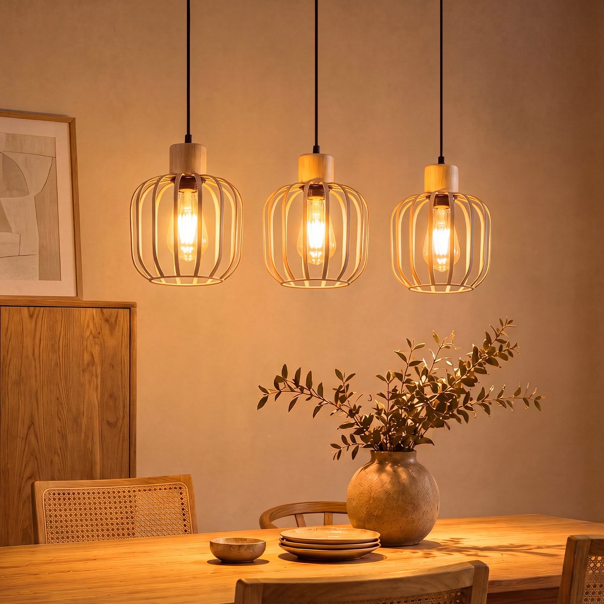 NETTLIFE 3-Flammige Hanglamp Grijs - Moderne Eetkamerlamp met Houten Accent | E27 | Verstelbare Hoogte | Ideaal voor Eettafel Keukeneiland & Woonkamer - Zonder Lampen