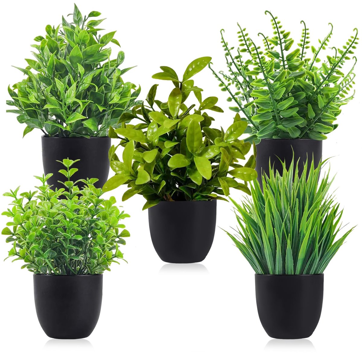 Kunstplanten Set - 5 Stuks - Kleine Kunstplanten met Zwarte Pot - Nepplanten van Kunststof - Onderhoudsvrije Decoratie - Voor Woonkamer, Kantoor, Balkon, Badkamer en Bureau