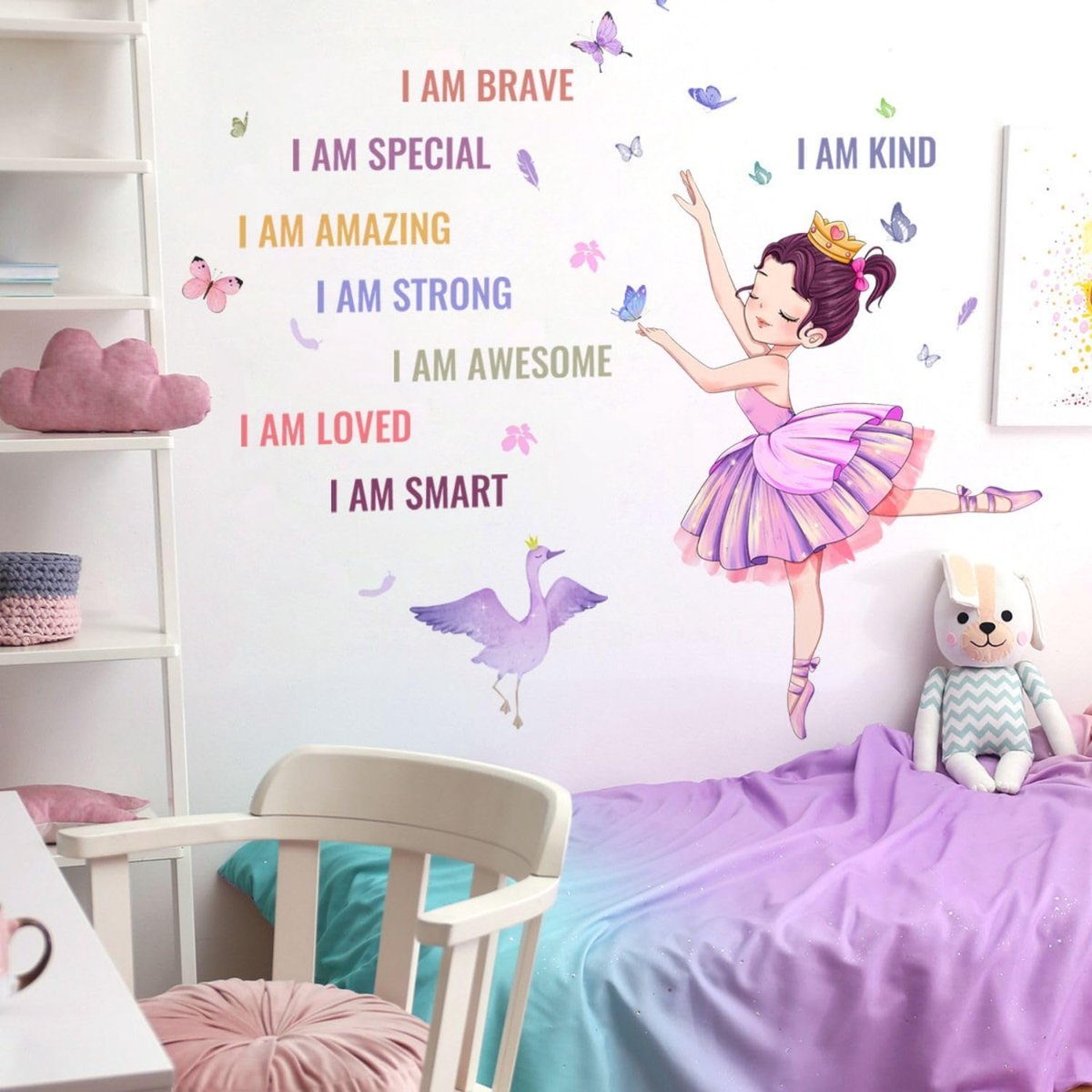 SnelShoppen - Ballet Meisjes Muurstickers, Inspirerende Prinses Wanddecoratie, Schattige Zwaan en Vlinders, Kids Kamer Decoratie voor Dansklas, Baby-