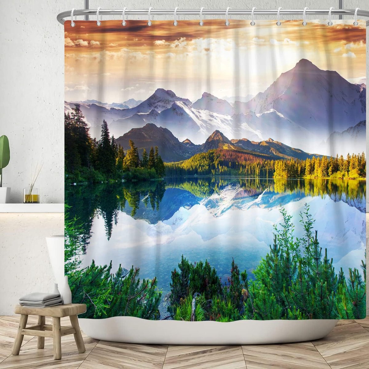 SnelShoppen - Douchegordijn Landschap 180x200cm Natuurlijke Scenery Spectaculair Meer en Bergen Groen Bos Wasbaar Douche Gordijn Polyester Waterdicht