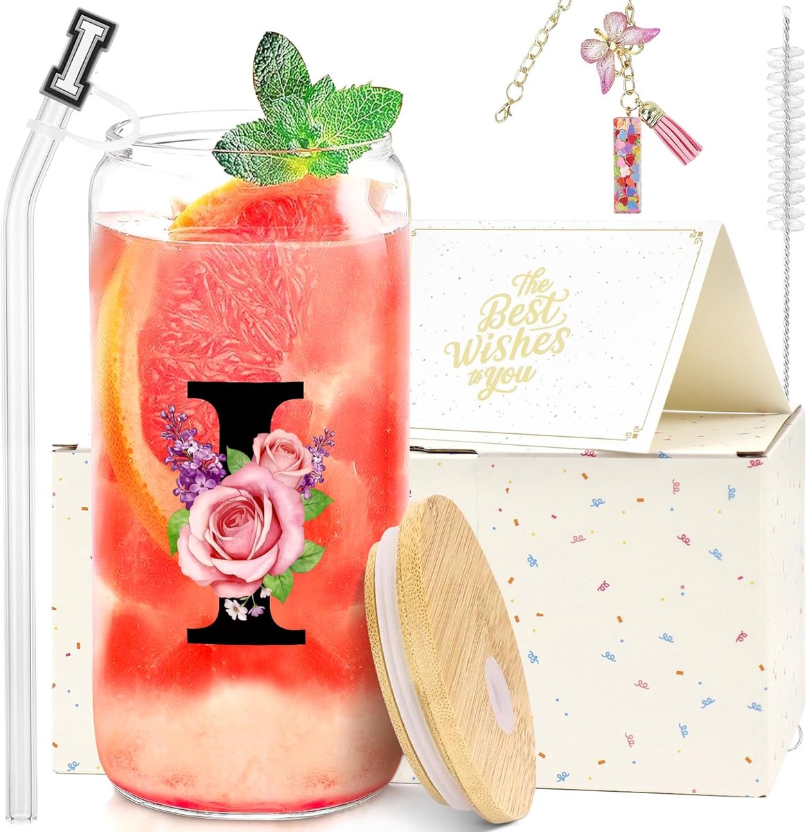 SnelShoppen - Glazen beker met deksel en rietje voor vrouwen, gepersonaliseerd cadeau met letter, roze rozenmotief, ideaal voor moederdag, Valentijnsd