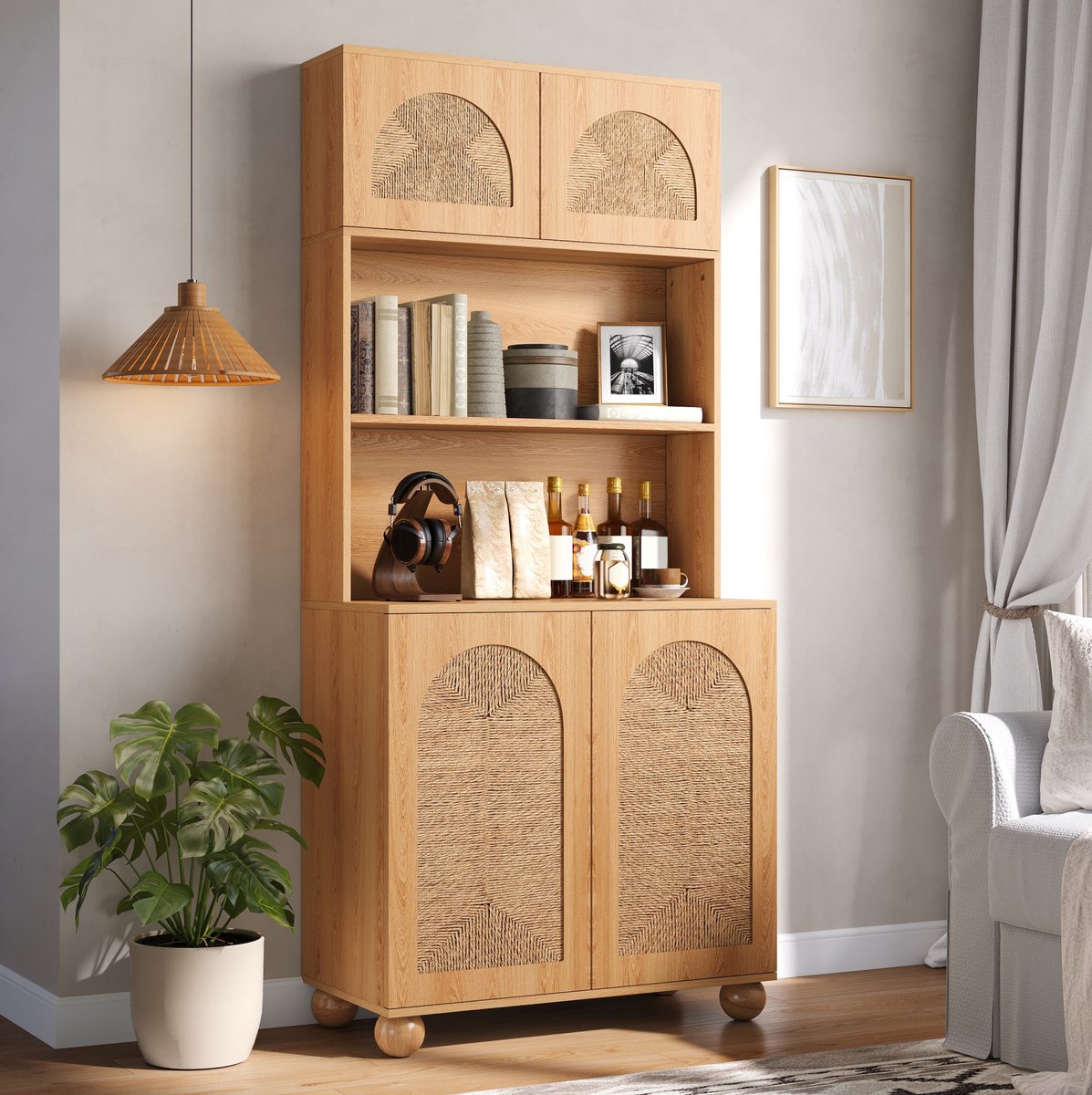 MIVRAY Opbergkast - Hoog Kast Met Gevlochten Deuren En Open Presentatie - Voor Woonkamer En Hal - Hout - Naturel - 80 X 40 X 180 Cm
