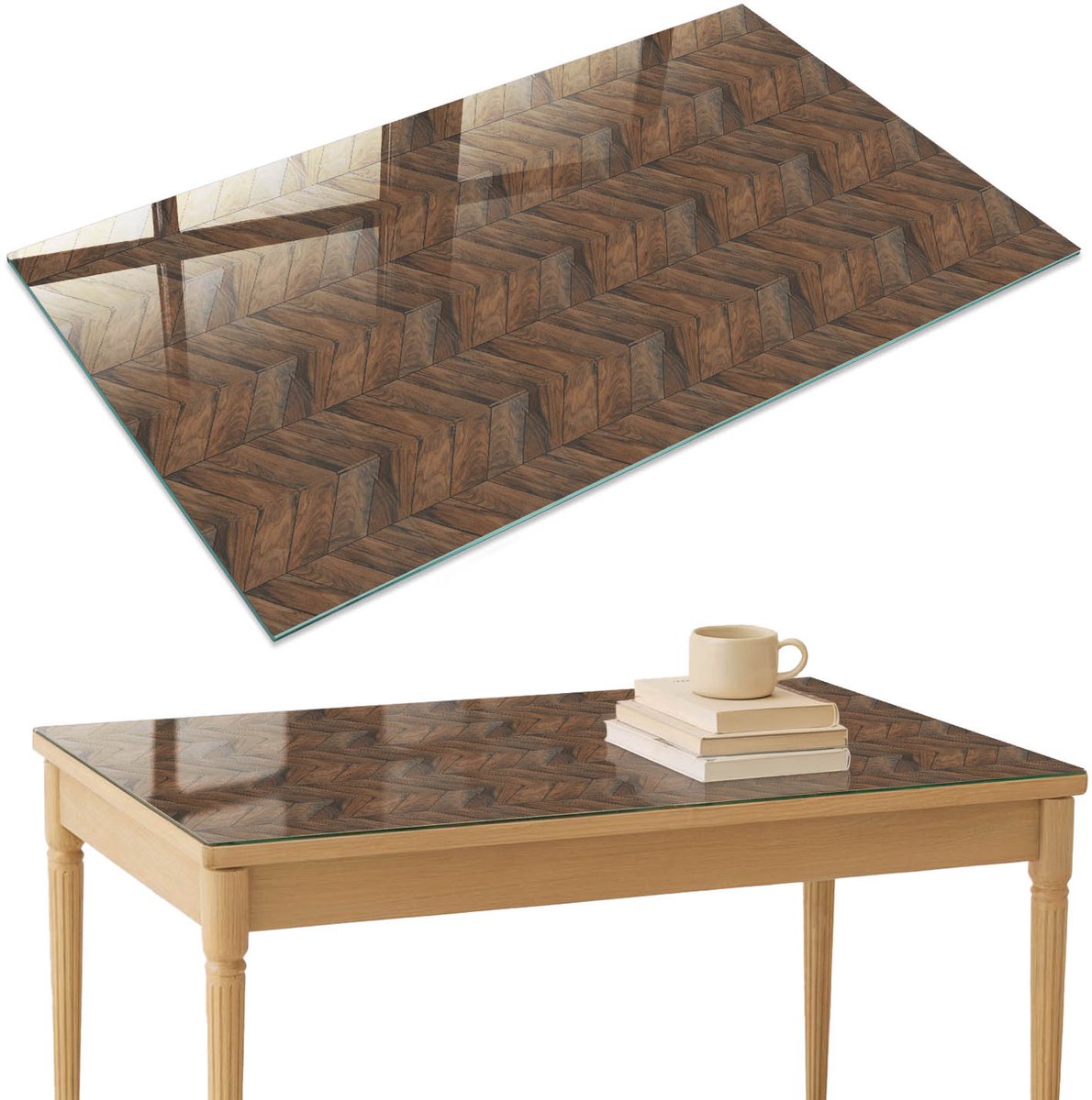 ArtPrintCave Visgraatparket Glazen Tafelblad 120x80 cm - Tafelblad Rechthoek - Bruin Eettafel Met Glasplaat - Texturen Keukentafel