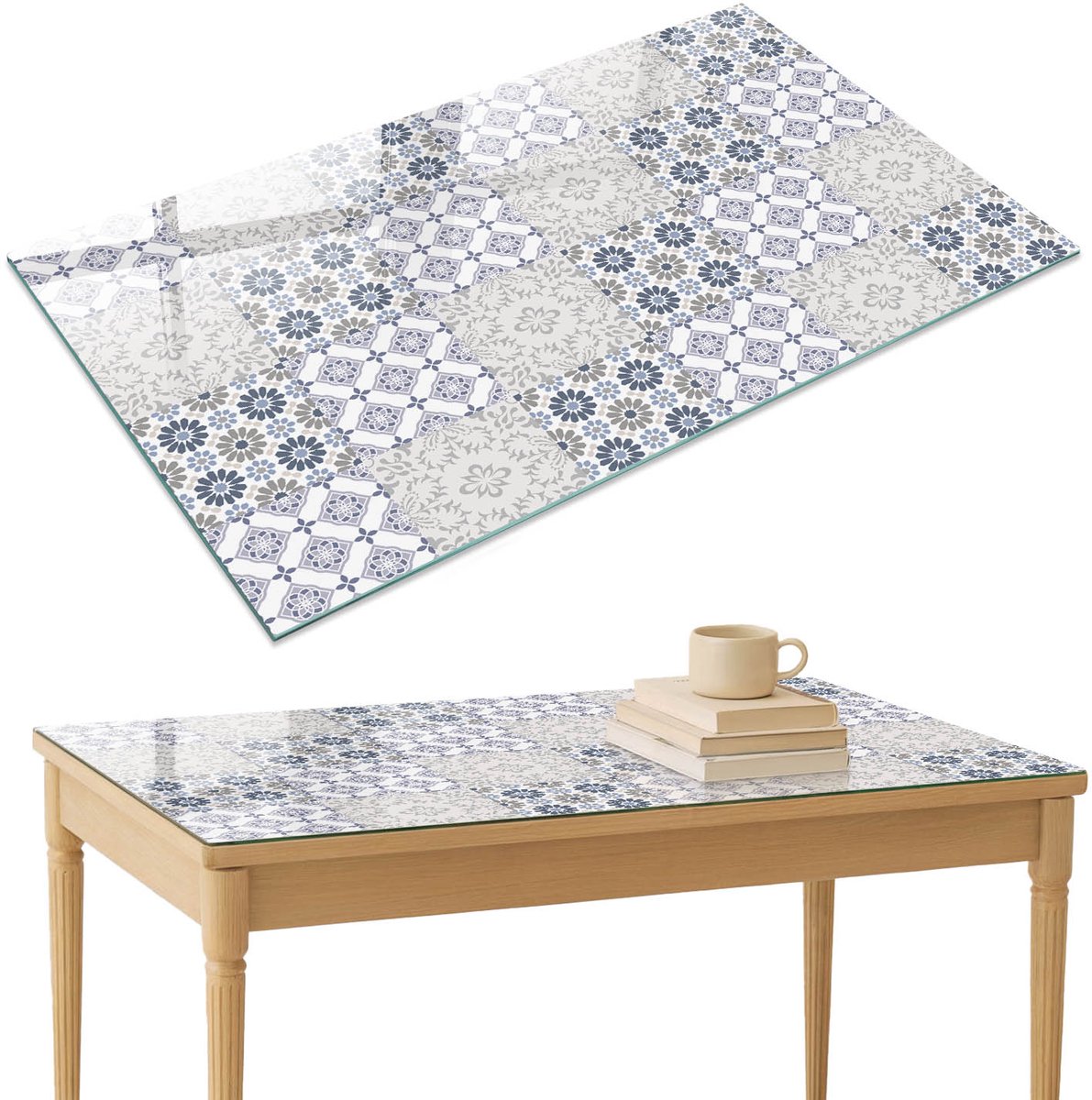 ArtPrintCave Bloemsymmetrie Glazen Tafelblad 120x80 cm - Tafelblad Rechthoek - Grijs Glazen Eettafel - Achtergronden en patronen Glasplaat