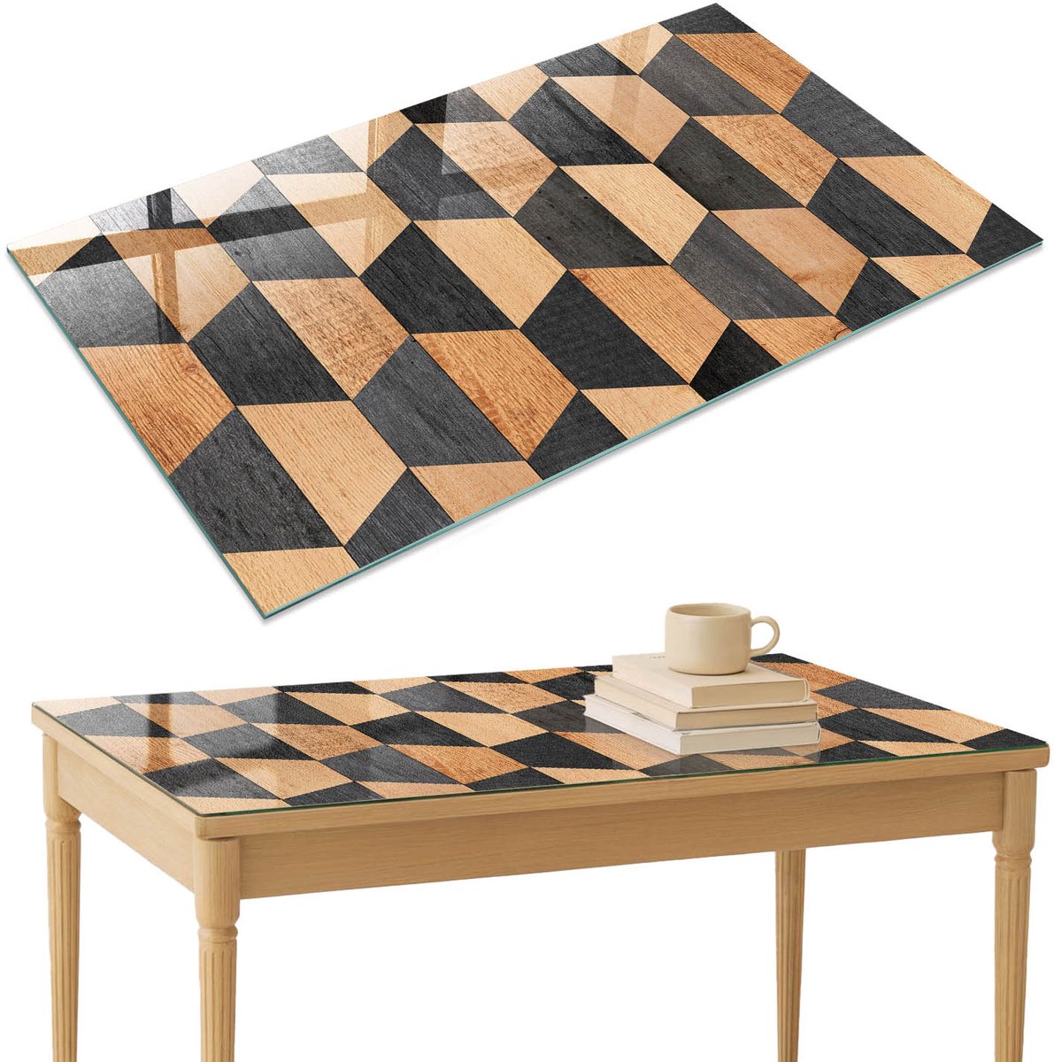 ArtPrintCave Interieurgeometrie Glazen Tafelblad 120x80 cm - Tafelblad Rechthoek - Bruin Eettafel Met Glasplaat - Achtergronden en patronen Keukentafel