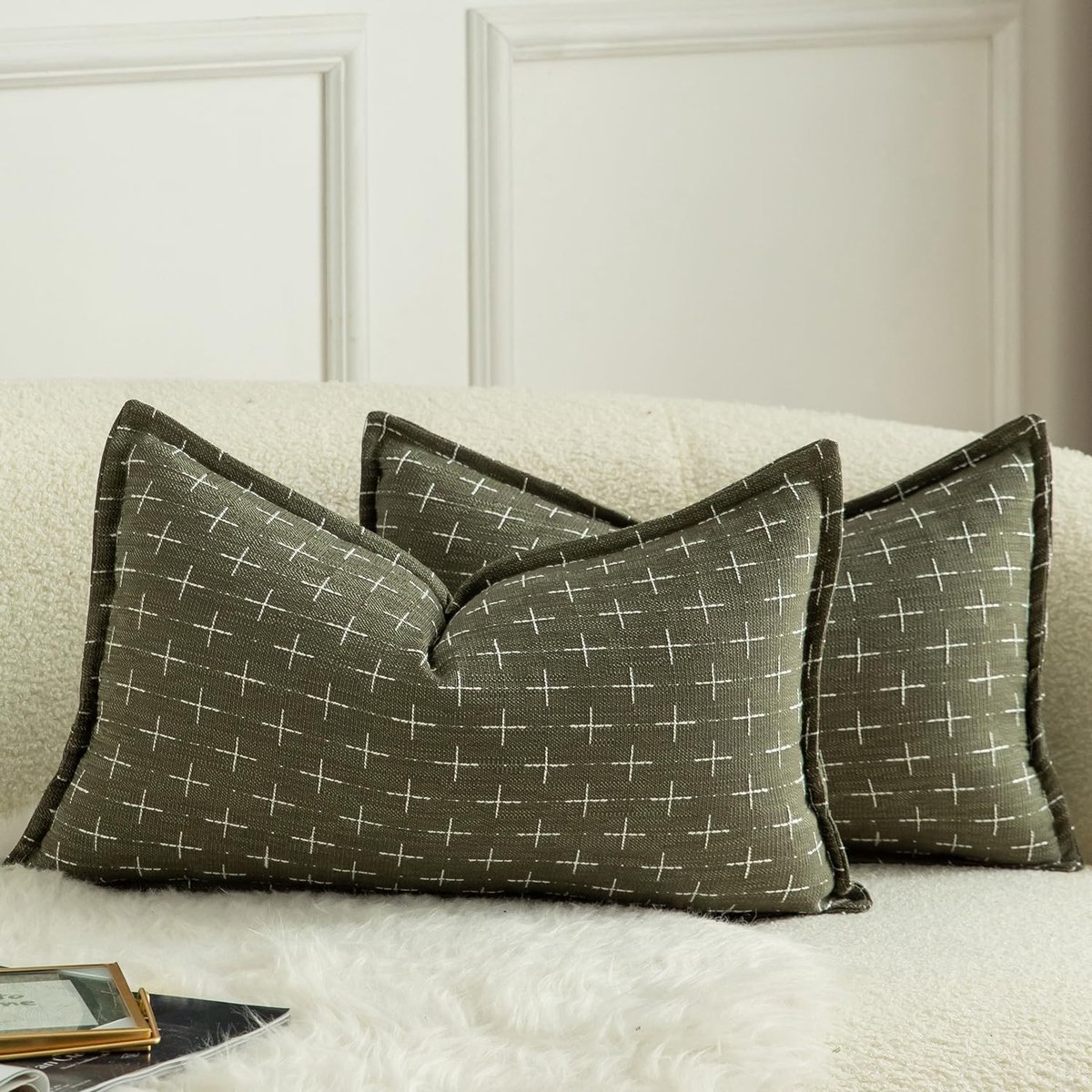 Set van 2 Jute Linnen Kussenslopen - Geweven Textuur voor Moderne Boerderijstijl - Decoratieve Kussens voor Bank en Slaapkamer 30x50cm Olijfgroen
