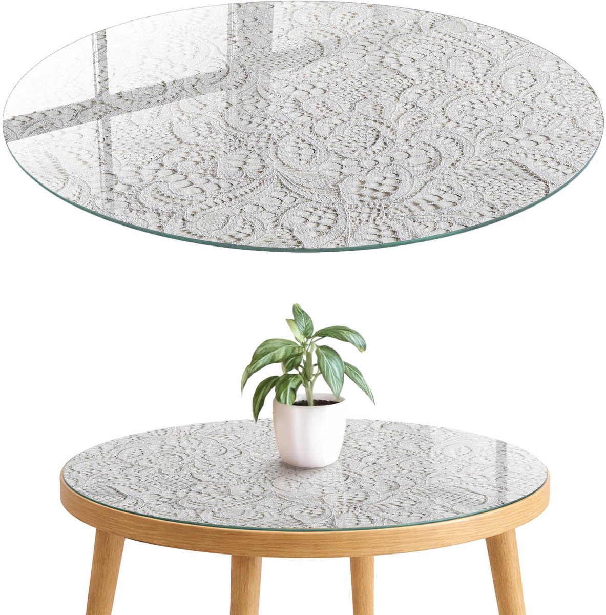 ArtPrintCave Kantpatronen Glazen Tafelblad fi70 cm - Tafelblad Rond - Wit Tafelblad Glas - Texturen Terrastafel