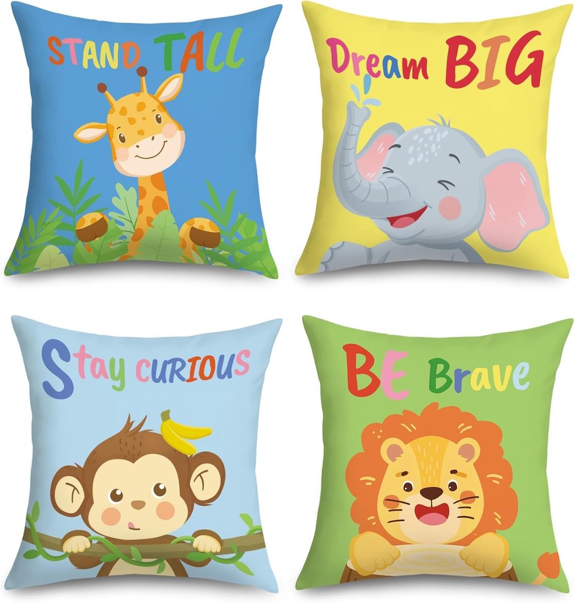 Kussenhoezen 45x45cm met Jungle Dieren - Olifant, Giraffe, Leeuw en Aap - Kleurrijke Kussenhoezen voor Kinderkamer en Bank