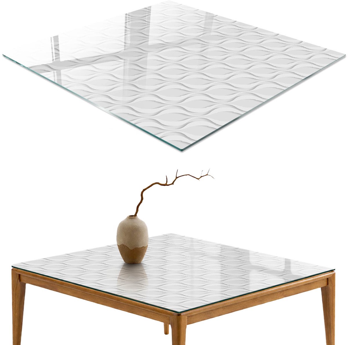 ArtPrintCave Structurele elegantie Glazen Tafelblad - 50x50 cm - Tafelblad Vierkanten - Wit Glazen Eettafel - Texturen Tafelblad Glas